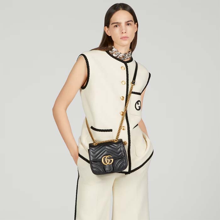 Gucci Women GG Marmont Mini Shoulder Bag Double G Black Matelassé Chevron Leather (2)