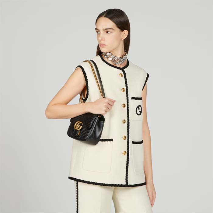 Gucci Women GG Marmont Mini Shoulder Bag Double G Black Matelassé Chevron Leather (3)