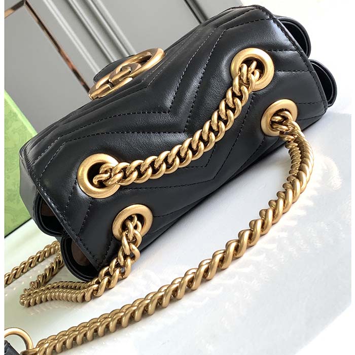 Gucci Women GG Marmont Mini Shoulder Bag Double G Black Matelassé Chevron Leather (5)