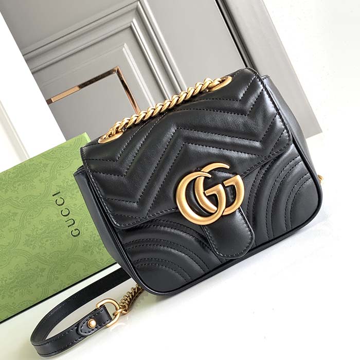 Gucci Women GG Marmont Mini Shoulder Bag Double G Black Matelassé Chevron Leather (8)