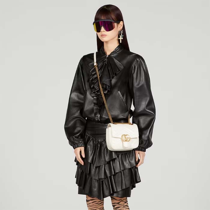 Gucci Women GG Marmont Mini Shoulder Bag White Matelassé Chevron Leather Double G (1)