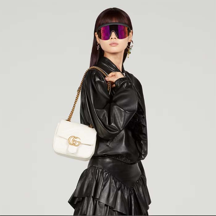 Gucci Women GG Marmont Mini Shoulder Bag White Matelassé Chevron Leather Double G (2)