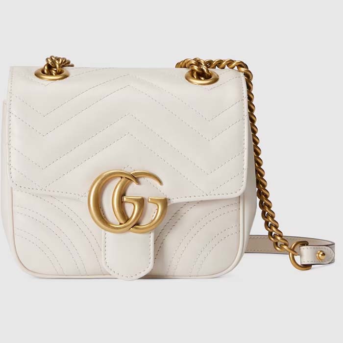 Gucci Women GG Marmont Mini Shoulder Bag White Matelassé Chevron Leather Double G