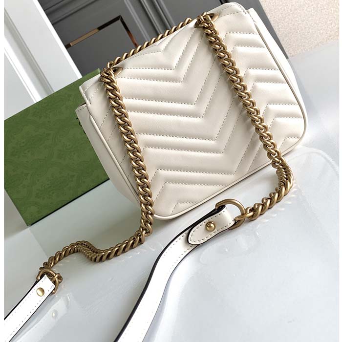 Gucci Women GG Marmont Mini Shoulder Bag White Matelassé Chevron Leather Double G (5)