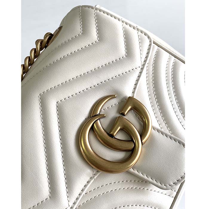 Gucci Women GG Marmont Mini Shoulder Bag White Matelassé Chevron Leather Double G (7)