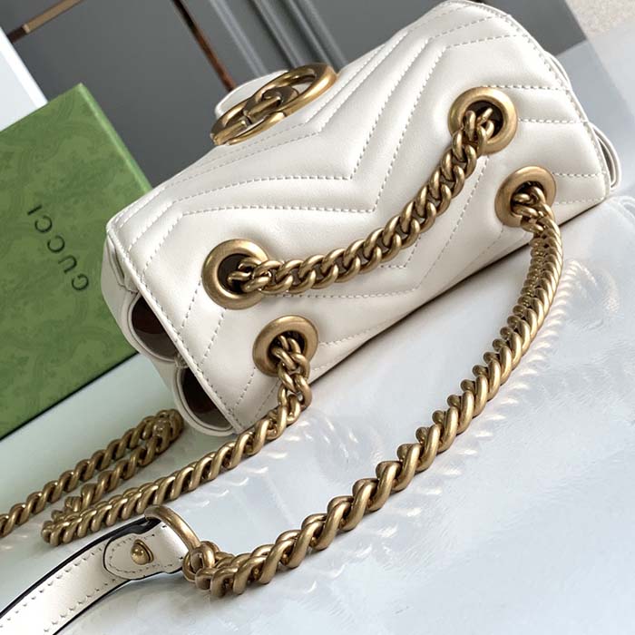Gucci Women GG Marmont Mini Shoulder Bag White Matelassé Chevron Leather Double G (8)