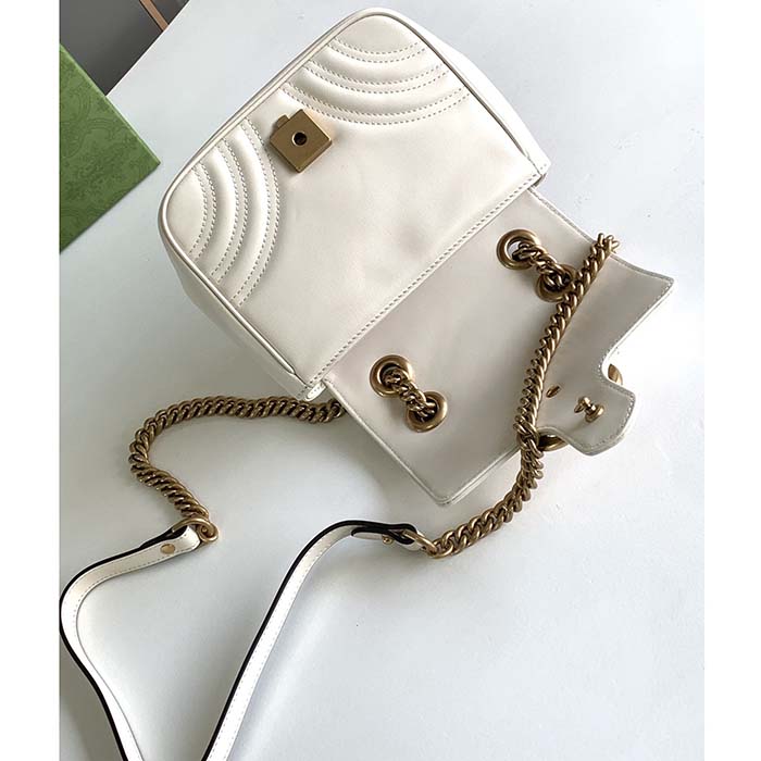 Gucci Women GG Marmont Mini Shoulder Bag White Matelassé Chevron Leather Double G (9)
