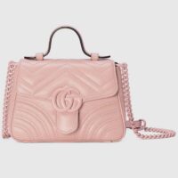 Gucci Women GG Marmont Mini Top Handle Bag Light Pink Matelassé Chevron Leather Heart Double G