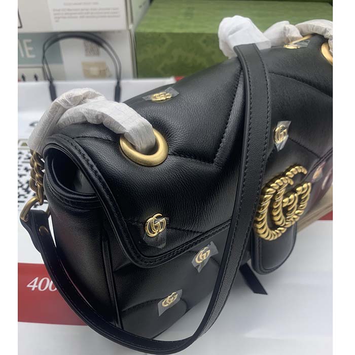 Gucci Women GG Marmont Small Shoulder Bag Black Double G Matelassé Chevron Leather (10)