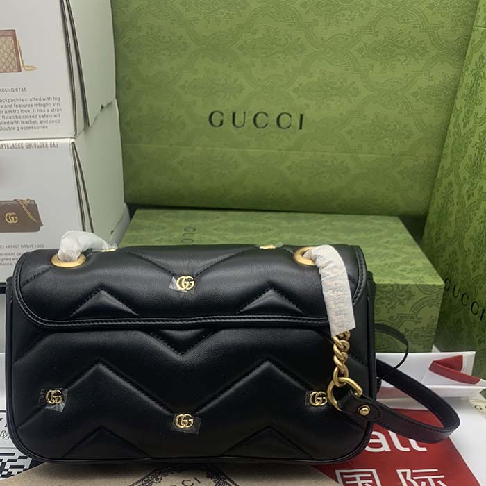 Gucci Women GG Marmont Small Shoulder Bag Black Double G Matelassé Chevron Leather (12)