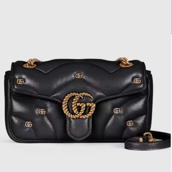 Gucci Women GG Marmont Small Shoulder Bag Black Double G Matelassé Chevron Leather (2)