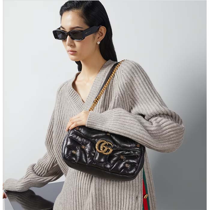 Gucci Women GG Marmont Small Shoulder Bag Black Double G Matelassé Chevron Leather (3)