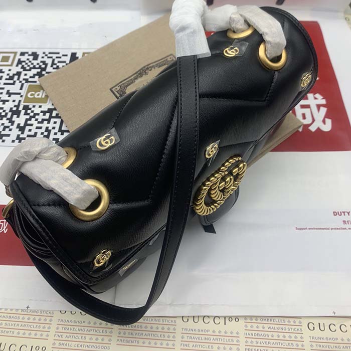 Gucci Women GG Marmont Small Shoulder Bag Black Double G Matelassé Chevron Leather (5)