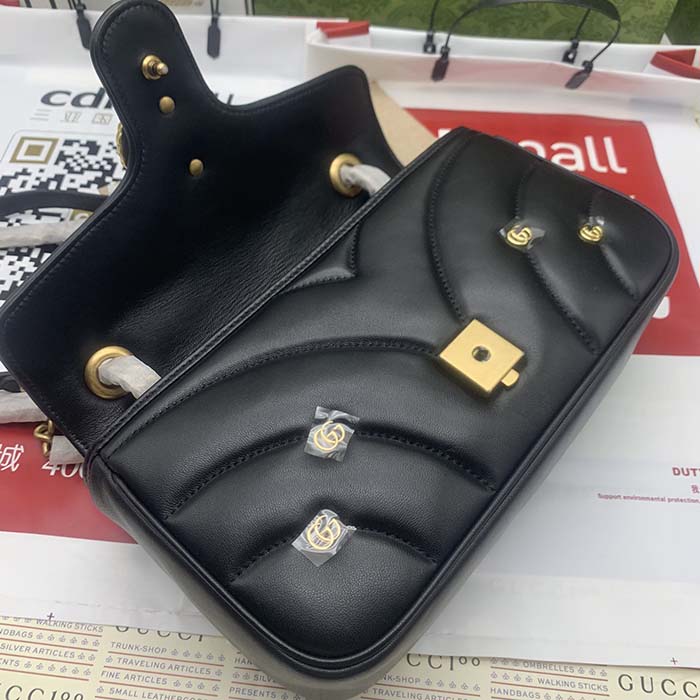 Gucci Women GG Marmont Small Shoulder Bag Black Double G Matelassé Chevron Leather (6)