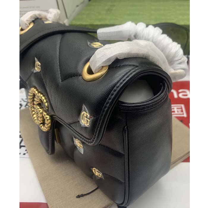 Gucci Women GG Marmont Small Shoulder Bag Black Double G Matelassé Chevron Leather (7)