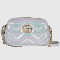 Gucci Women GG Marmont Small Shoulder Bag Blue Iridescent Quilted Chevron Leather Double G