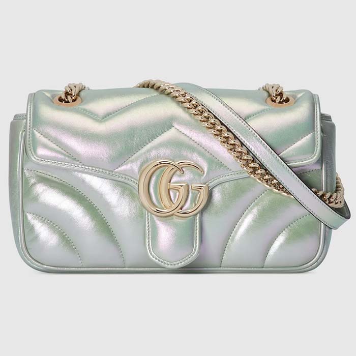 Gucci Women GG Marmont Small Shoulder Bag Green Iridescent Quilted Chevron Leather