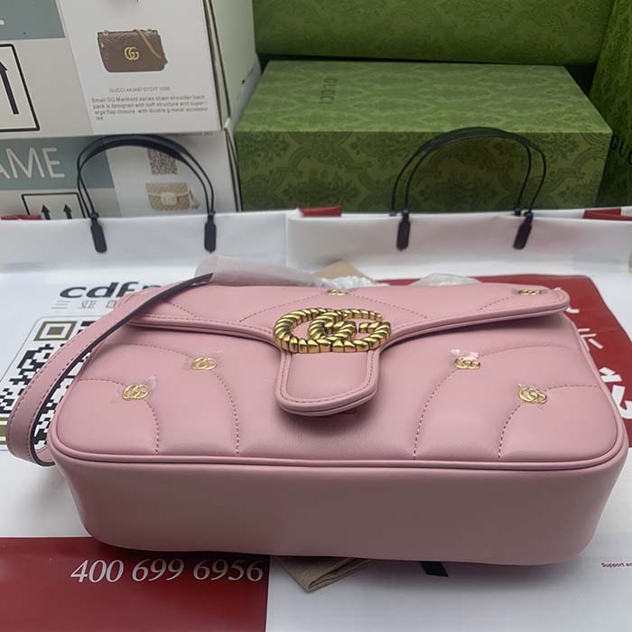 Gucci Women GG Marmont Small Shoulder Bag Pink Double G Matelassé Chevron Leather (10)