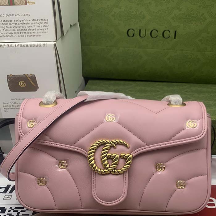 Gucci Women GG Marmont Small Shoulder Bag Pink Double G Matelassé Chevron Leather (11)