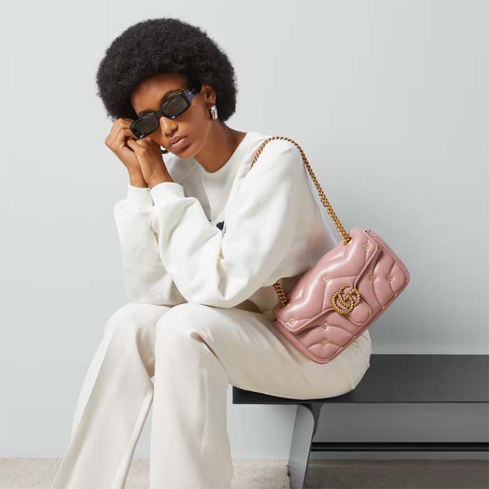 Gucci Women GG Marmont Small Shoulder Bag Pink Double G Matelassé Chevron Leather (2)