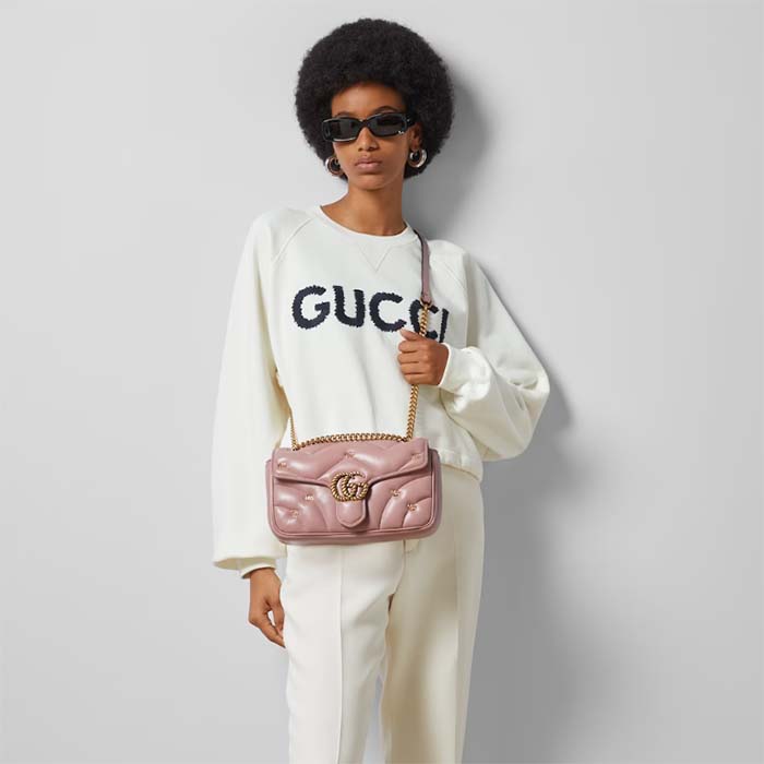 Gucci Women GG Marmont Small Shoulder Bag Pink Double G Matelassé Chevron Leather (3)