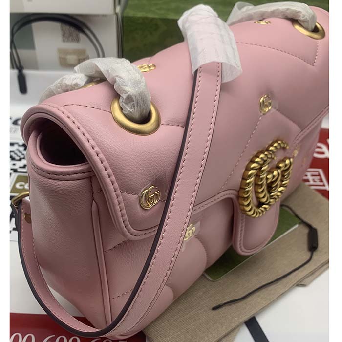 Gucci Women GG Marmont Small Shoulder Bag Pink Double G Matelassé Chevron Leather (6)