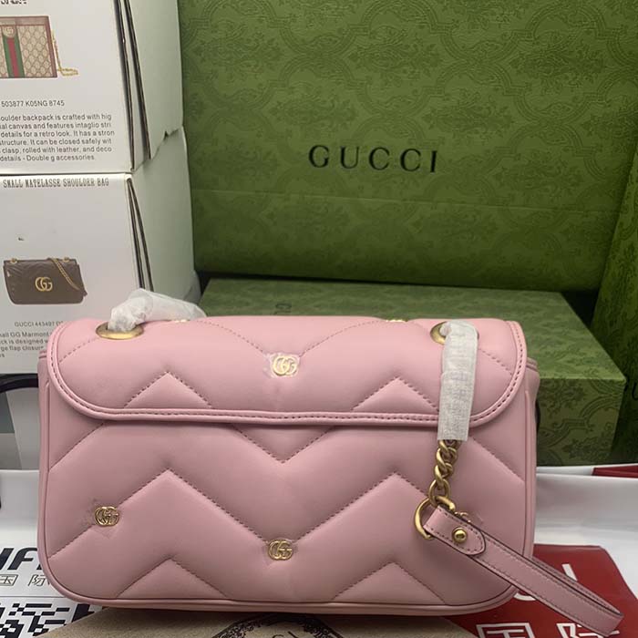 Gucci Women GG Marmont Small Shoulder Bag Pink Double G Matelassé Chevron Leather (7)