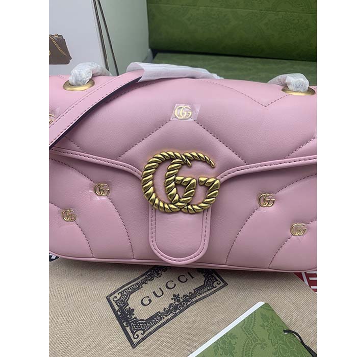 Gucci Women GG Marmont Small Shoulder Bag Pink Double G Matelassé Chevron Leather (8)