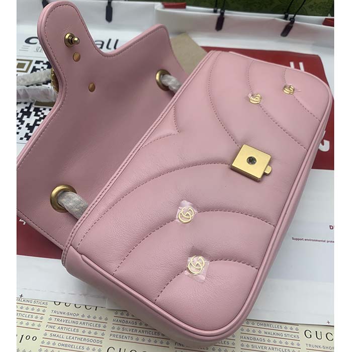 Gucci Women GG Marmont Small Shoulder Bag Pink Double G Matelassé Chevron Leather (9)