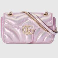 Gucci Women GG Marmont Small Shoulder Bag Pink Iridescent Quilted Chevron Leather