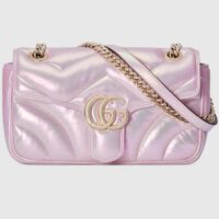 Gucci Women GG Marmont Small Shoulder Bag Pink Iridescent Quilted Chevron Leather (9)