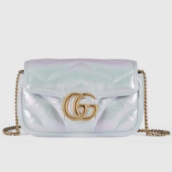 Gucci Women GG Marmont Super Mini Bag Light Blue Iridescent Matelassé Chevron Leather