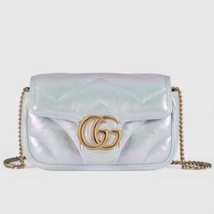 Gucci Women GG Marmont Super Mini Bag Light Blue Iridescent Matelassé Chevron Leather