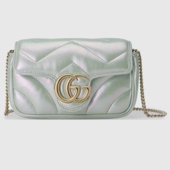 Gucci Women GG Marmont Super Mini Bag Light Green Iridescent Matelassé Chevron Leather