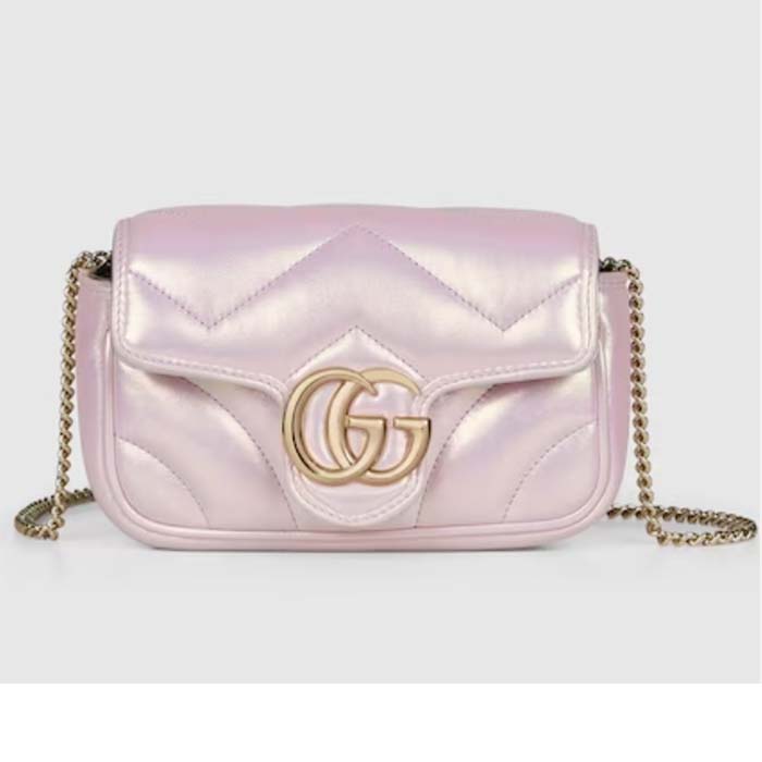 Gucci Women GG Marmont Super Mini Bag Pink Iridescent Matelassé Chevron Leather