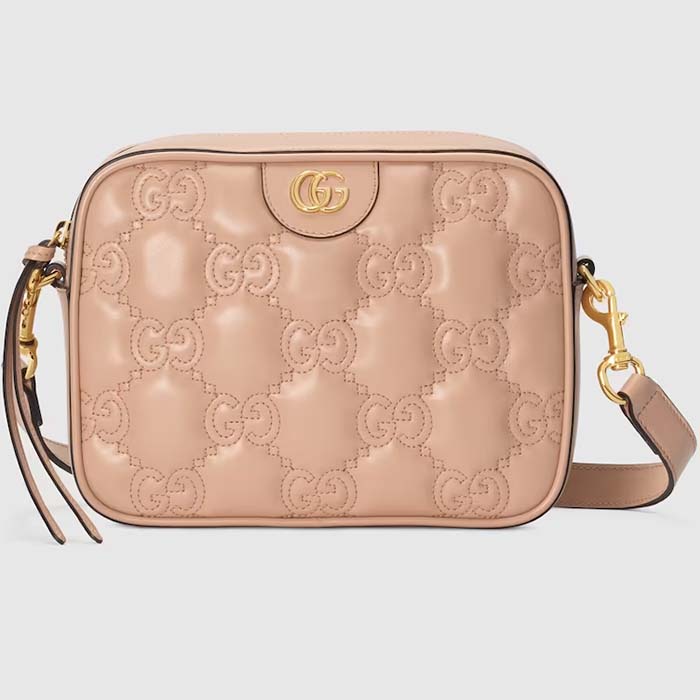 Gucci Women GG Matelassé Small Bag Rose Beige Leather Double G Zip Closure