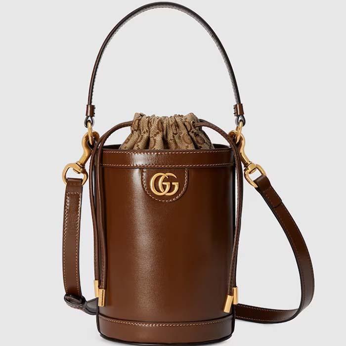 Gucci Women GG Ophidia Mini Bucket Bag Brown Leather Double G Drawstring Closure