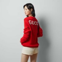 Gucci Women GG Red Wool Top Gucci Intarsia Crewneck Dropped Shoulder Long Sleeves (6)