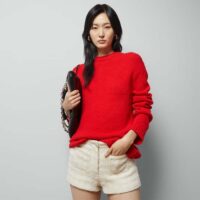 Gucci Women GG Red Wool Top Gucci Intarsia Crewneck Dropped Shoulder Long Sleeves (6)