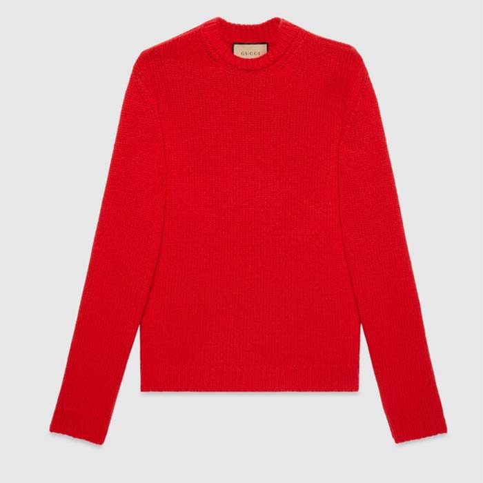 Gucci Women GG Red Wool Top Gucci Intarsia Crewneck Dropped Shoulder Long Sleeves