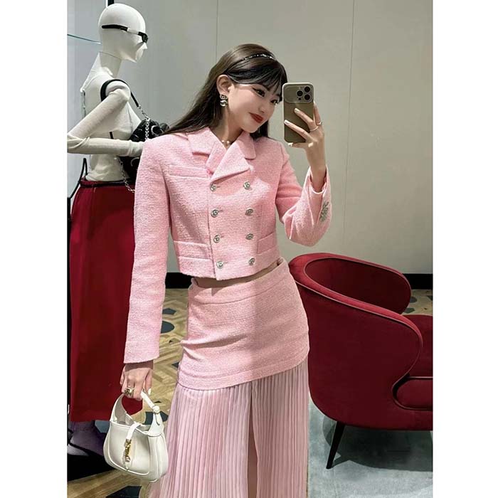 Gucci Women GG Silk Tweed Layered Skirt Pink Fitted Waistband Front Split Style ‎760862 ZAPUO 5642 (5)