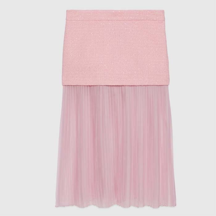 Gucci Women GG Silk Tweed Layered Skirt Pink Fitted Waistband Front Split Style ‎760862 ZAPUO 5642