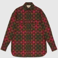 Gucci Women GG Tartan Wool Shirt Green Red GG Point Collar Long Sleeves Button Cuffs (11)