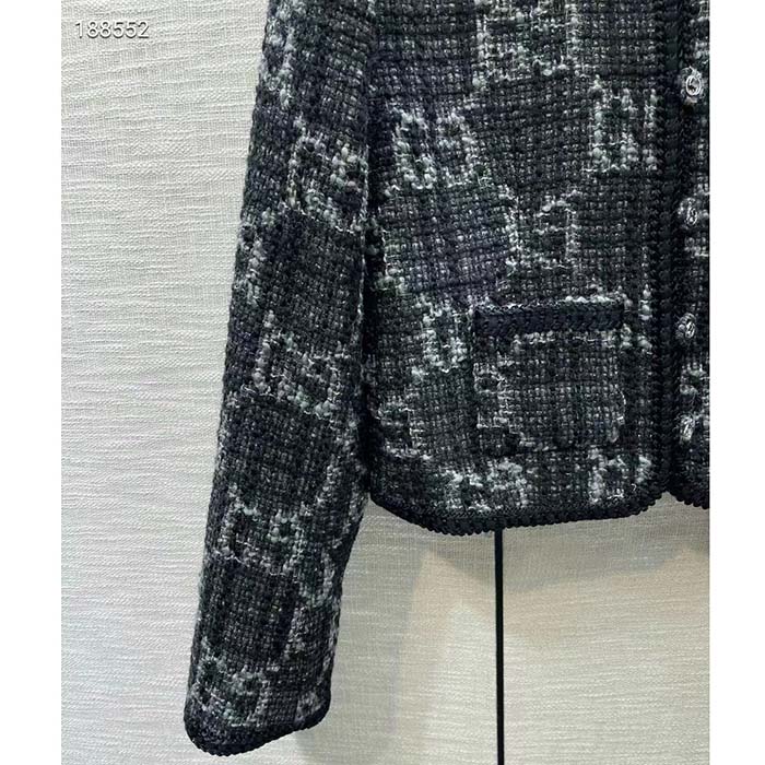 Gucci Women GG Tweed Jacket Dark Grey Lined Collarless Two Front Pockets Button Closure Style ‎761164 ZAPA4 1158 (1)