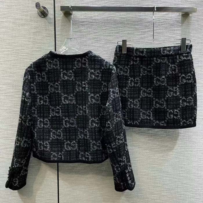 Gucci Women GG Tweed Jacket Dark Grey Lined Collarless Two Front Pockets Button Closure Style ‎761164 ZAPA4 1158 (10)
