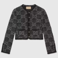 Gucci Women GG Tweed Jacket Dark Grey Lined Collarless Two Front Pockets Button Closure Style ‎761164 ZAPA4 1158 (12)