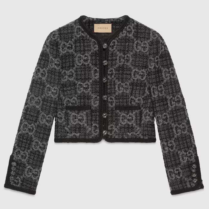 Gucci Women GG Tweed Jacket Dark Grey Lined Collarless Two Front Pockets Button Closure Style ‎761164 ZAPA4 1158