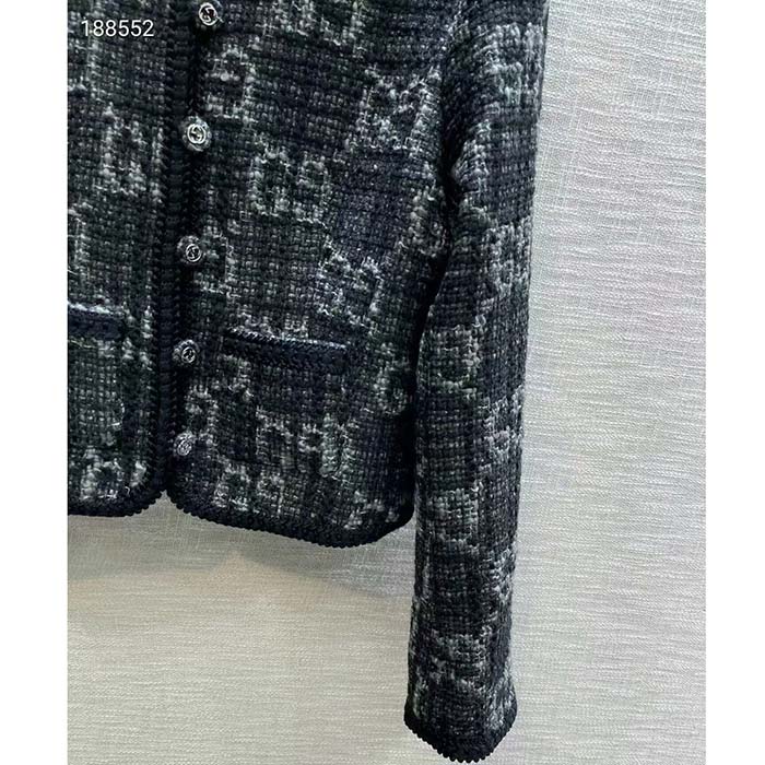 Gucci Women GG Tweed Jacket Dark Grey Lined Collarless Two Front Pockets Button Closure Style ‎761164 ZAPA4 1158 (4)