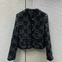 Gucci Women GG Tweed Jacket Dark Grey Lined Collarless Two Front Pockets Button Closure Style ‎761164 ZAPA4 1158 (12)