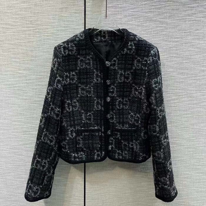 Gucci Women GG Tweed Jacket Dark Grey Lined Collarless Two Front Pockets Button Closure Style ‎761164 ZAPA4 1158 (7)